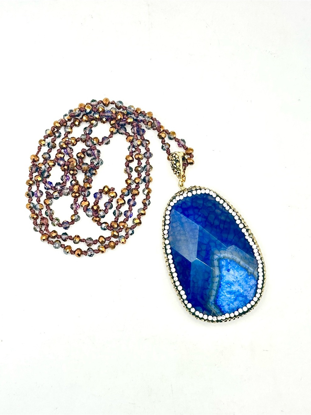 Blue Agate Faceted Geode Pendant Necklace